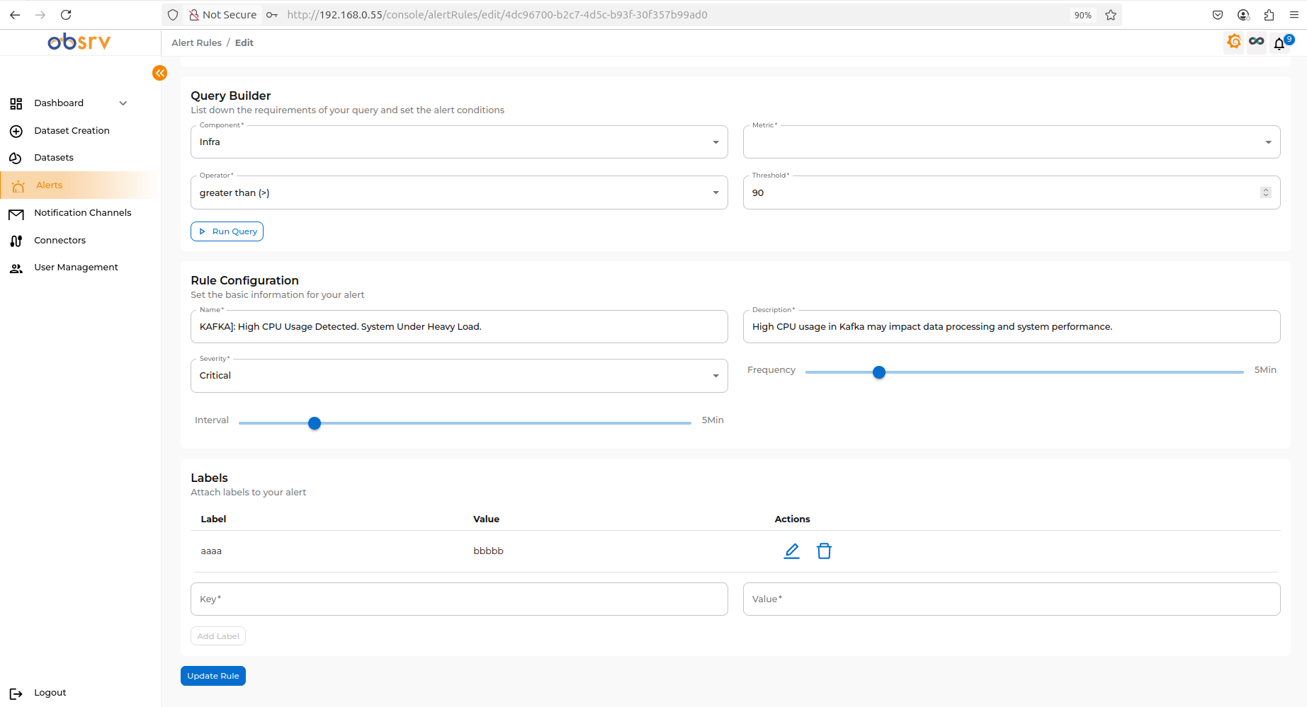 Alert rule configuration page pre-filled with current settings