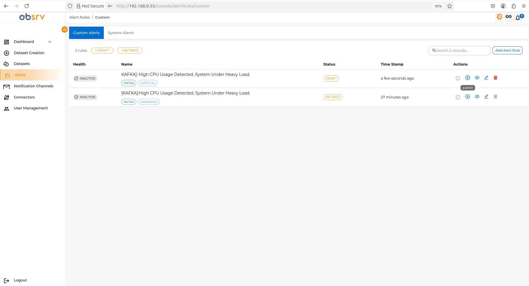 Alert Rules list showing the modified rule with DRAFT status and Publish button