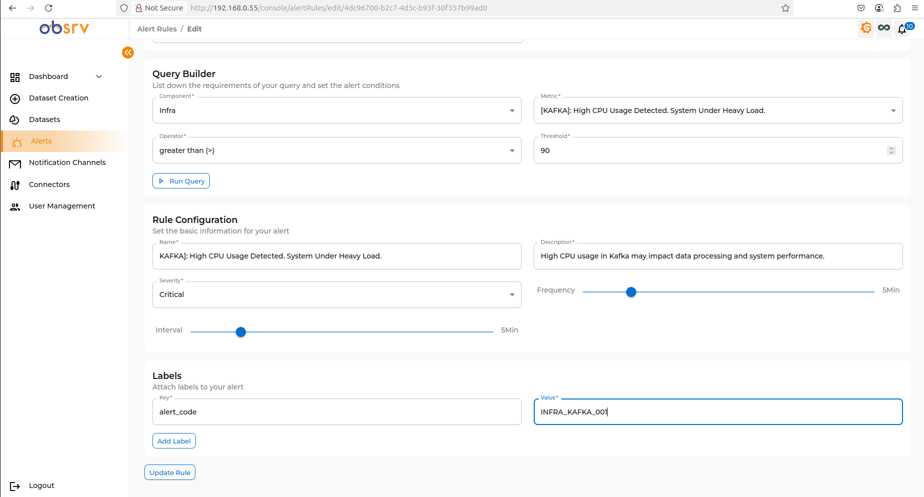 Labels section with key-value tag input and Create Rule button at the bottom