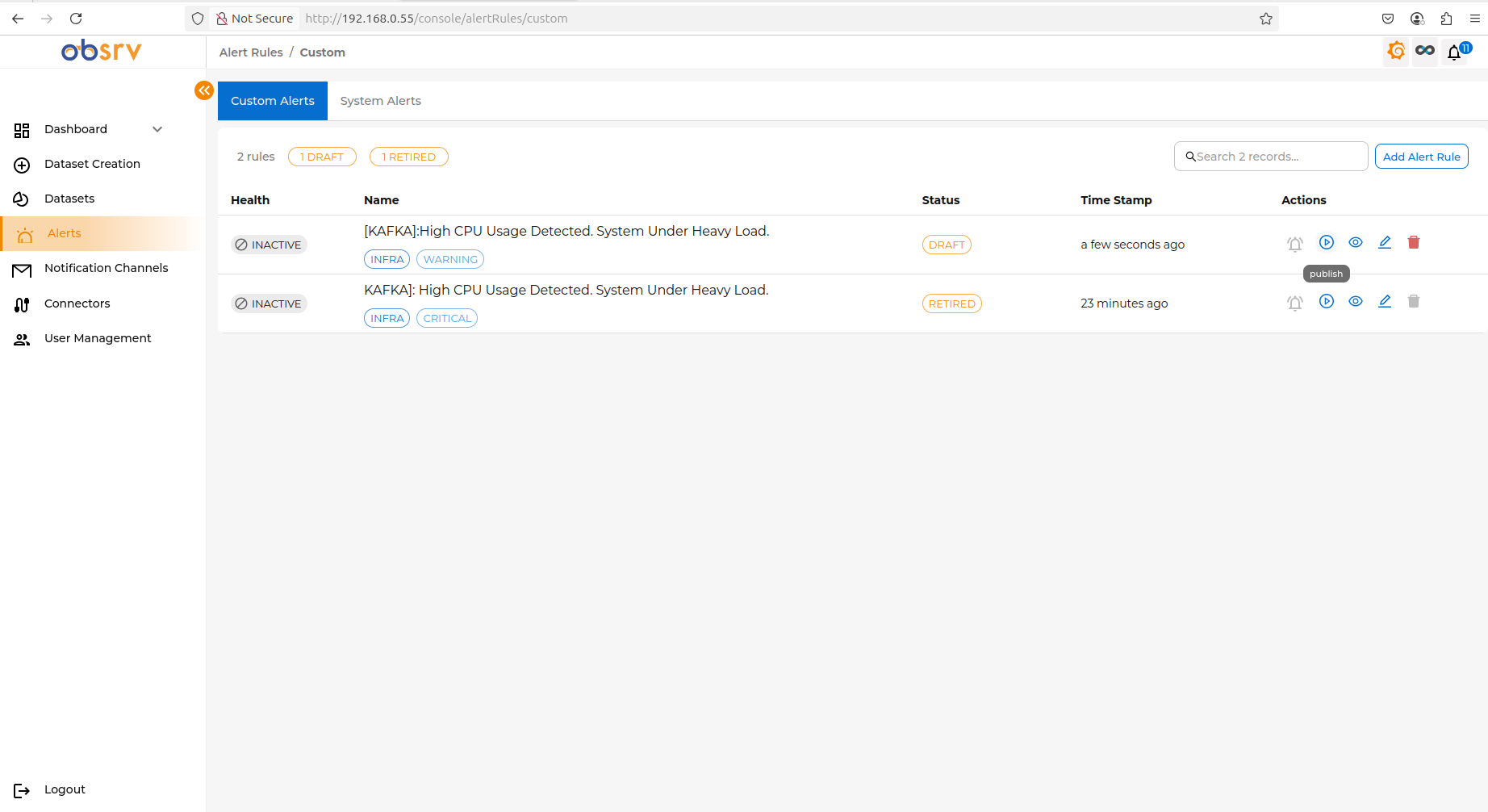 Alert Rules list showing new rule with DRAFT status and Publish button in Actions column
