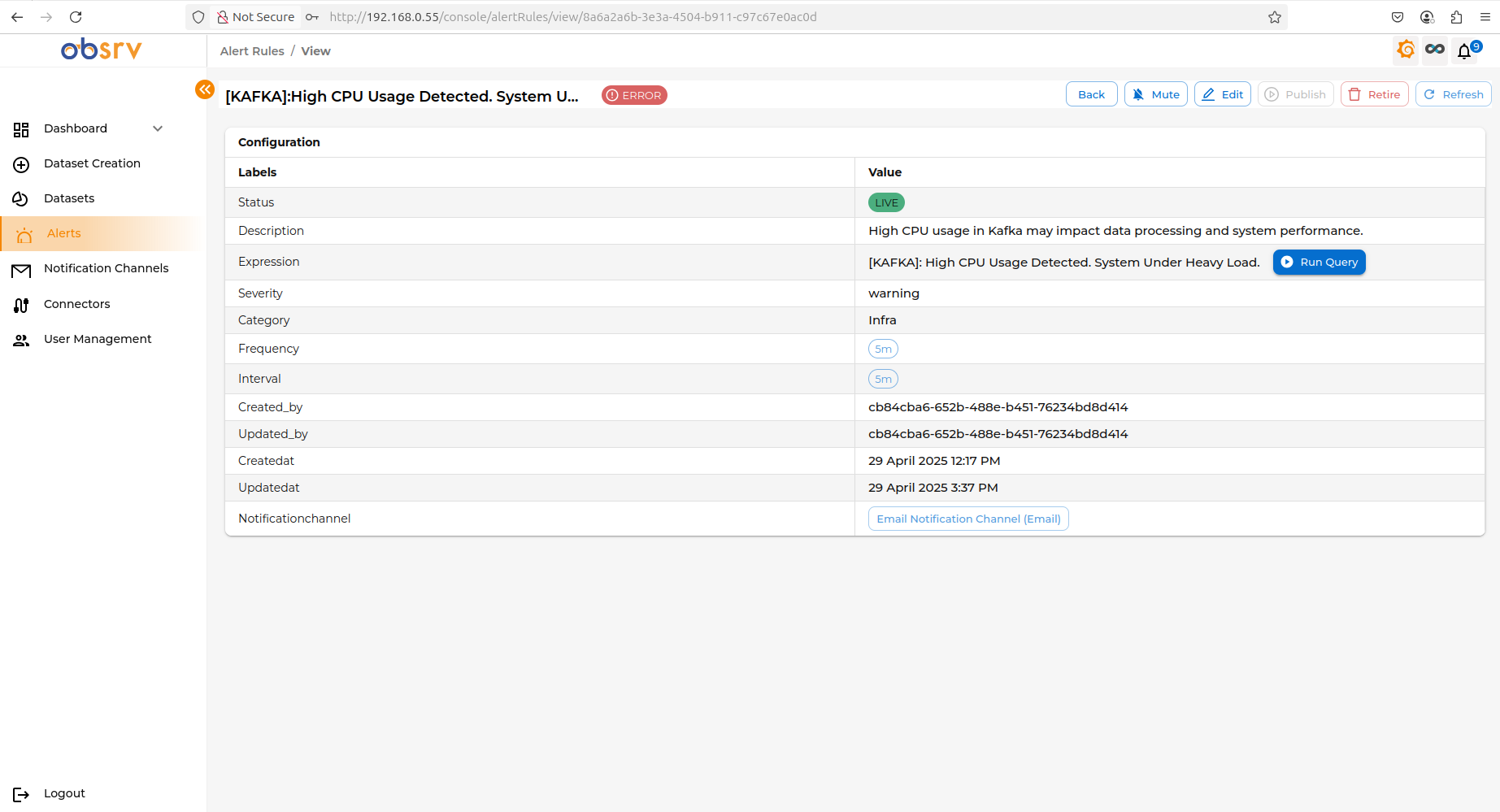 Alert rule detail View page showing all configured fields including Labels, Status, Severity