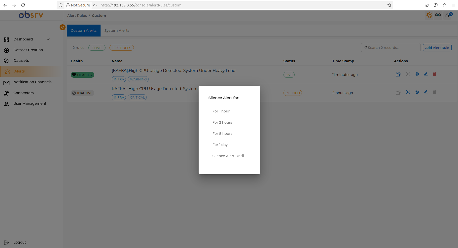 Silence Alert pop-up with duration options: 1 hour, 2 hours, etc.