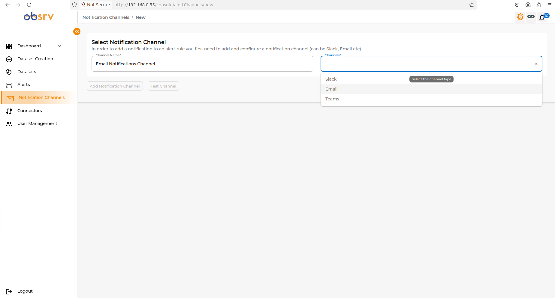Select Notification Channel screen with Channel Name field and Channel dropdown
