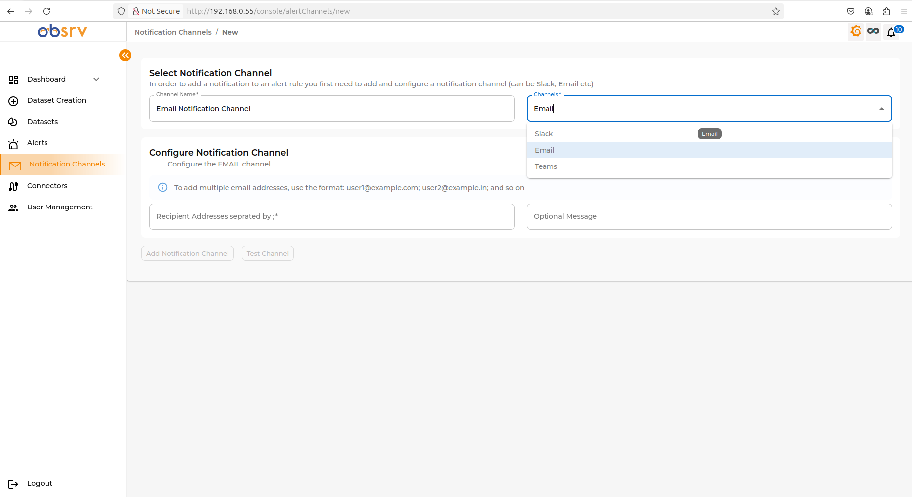 Configure Notification Channel section with Recipient Addresses field