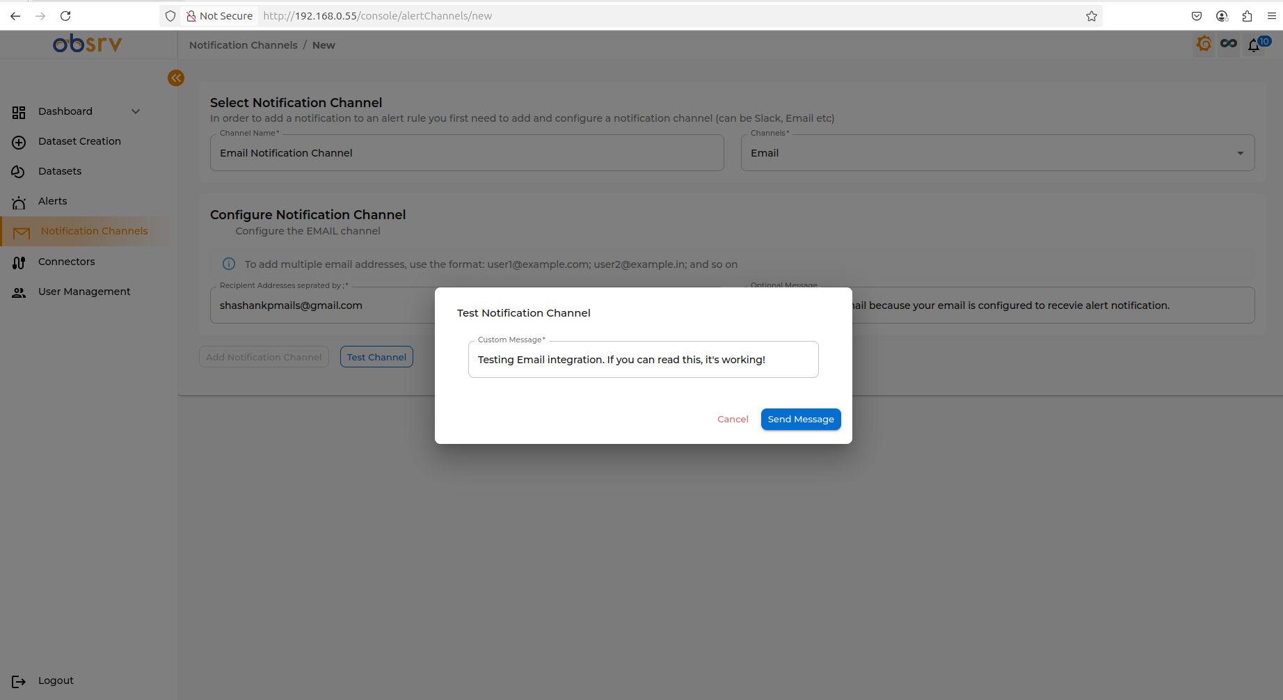 Test Notification Channel pop-up with Send Message button