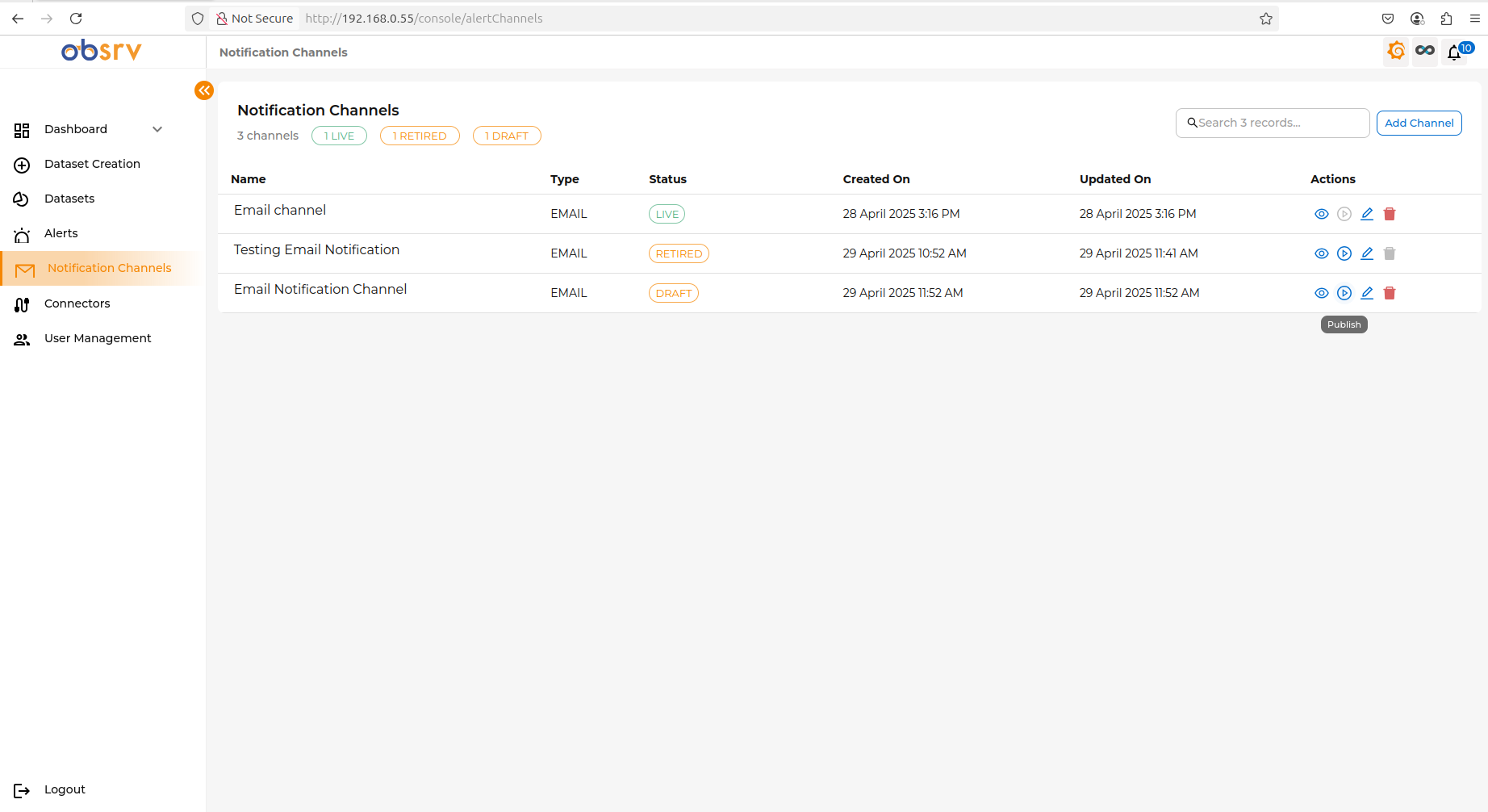Notification Channels list showing new channel with DRAFT status and Publish button