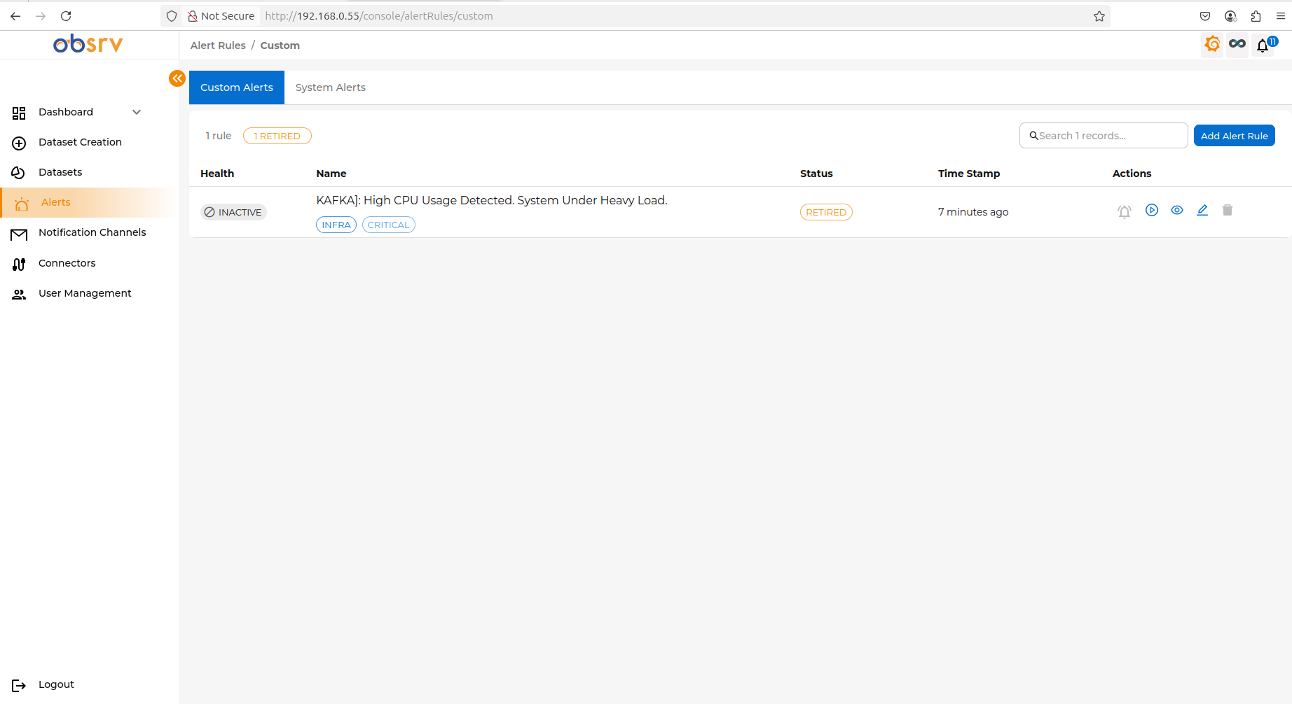 Alerts page with Custom Alerts tab selected and Add Alert Rule button