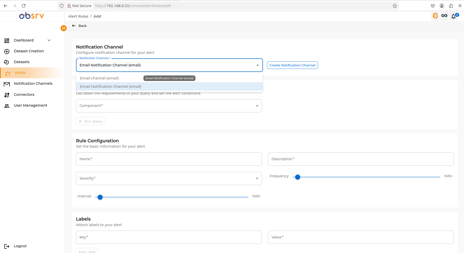 Add Alert Rule page — Notification Channel section with dropdown