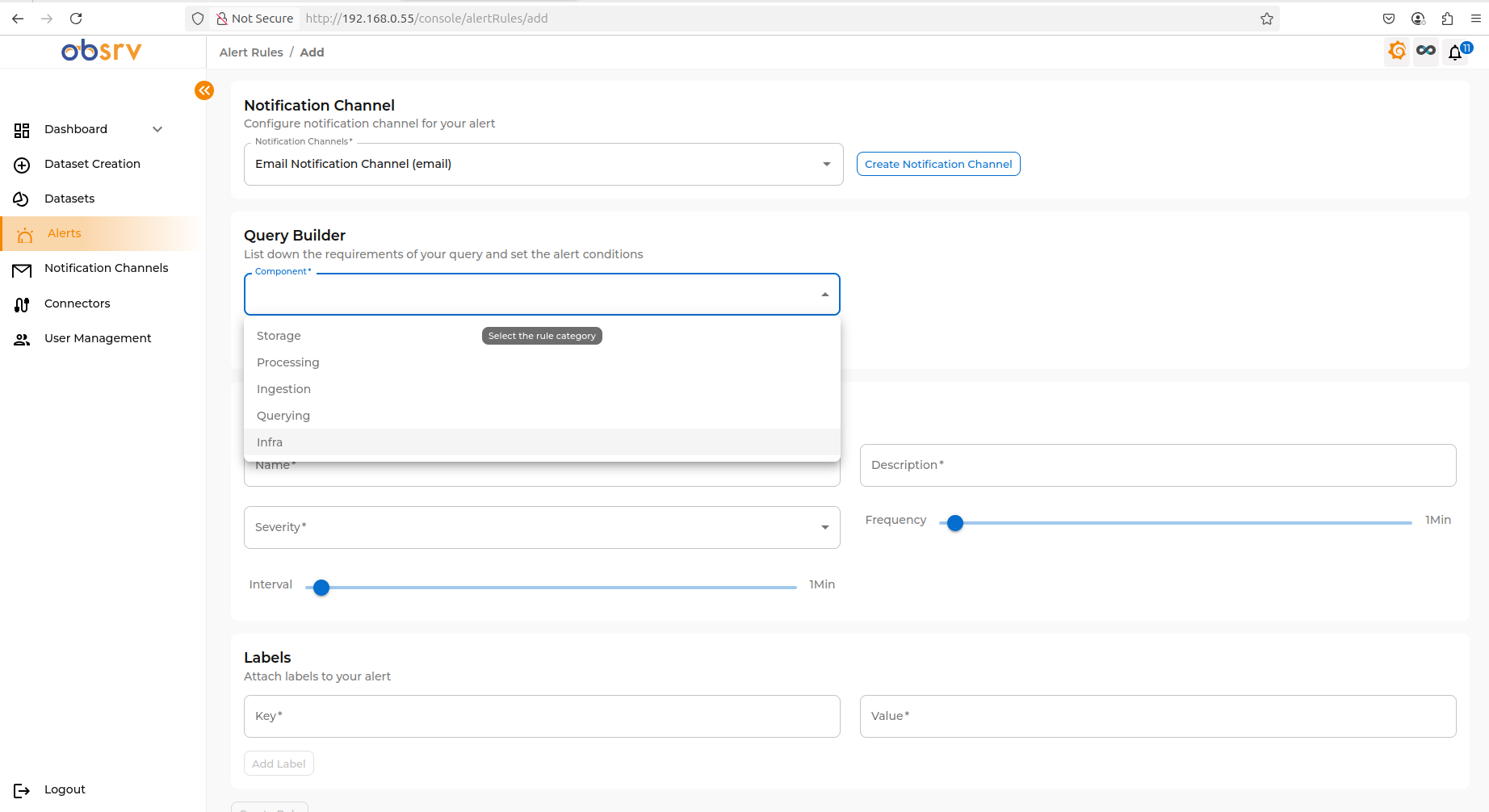 Query Builder section with Component dropdown showing Infra selected