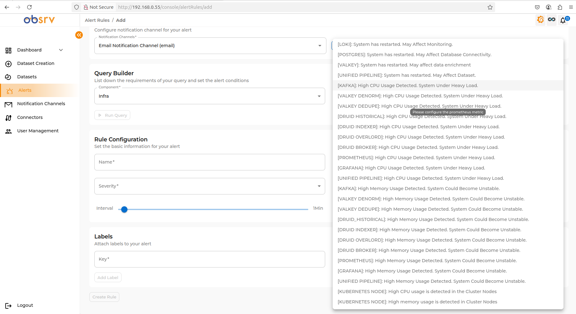 Query Builder with Metric dropdown showing alert options for the selected component