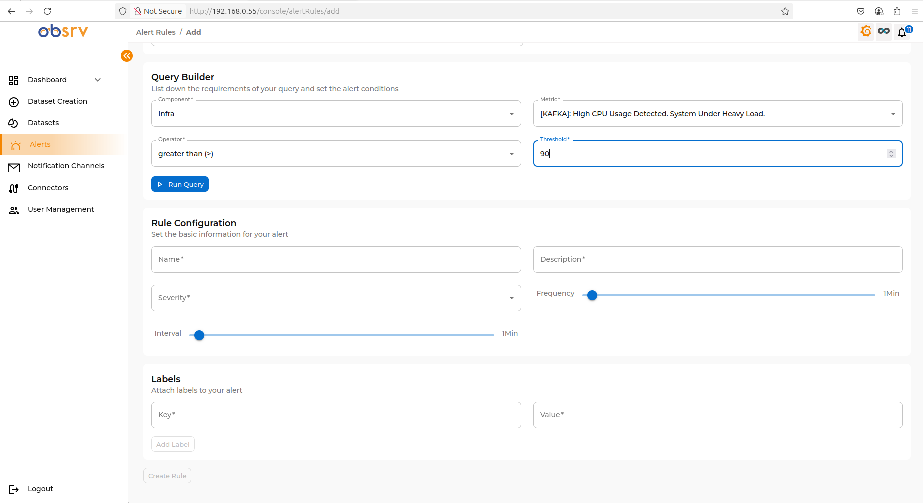 Query Builder with Operator and Threshold fields filled in