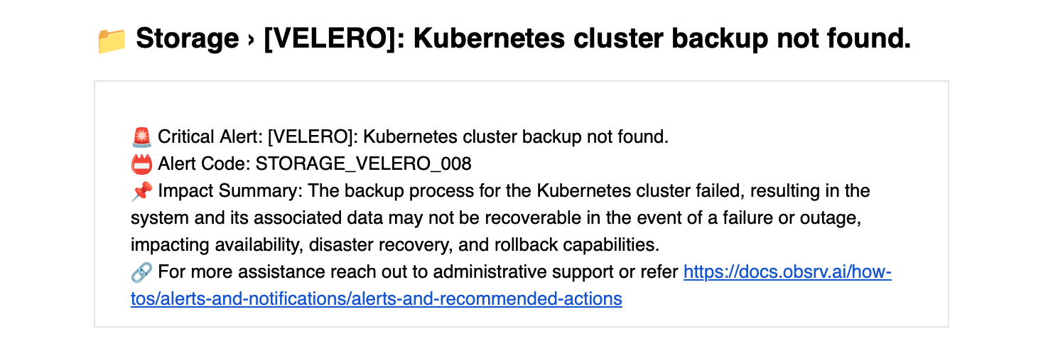 Email notification example showing critical alert with dataset, alert code and impact summary