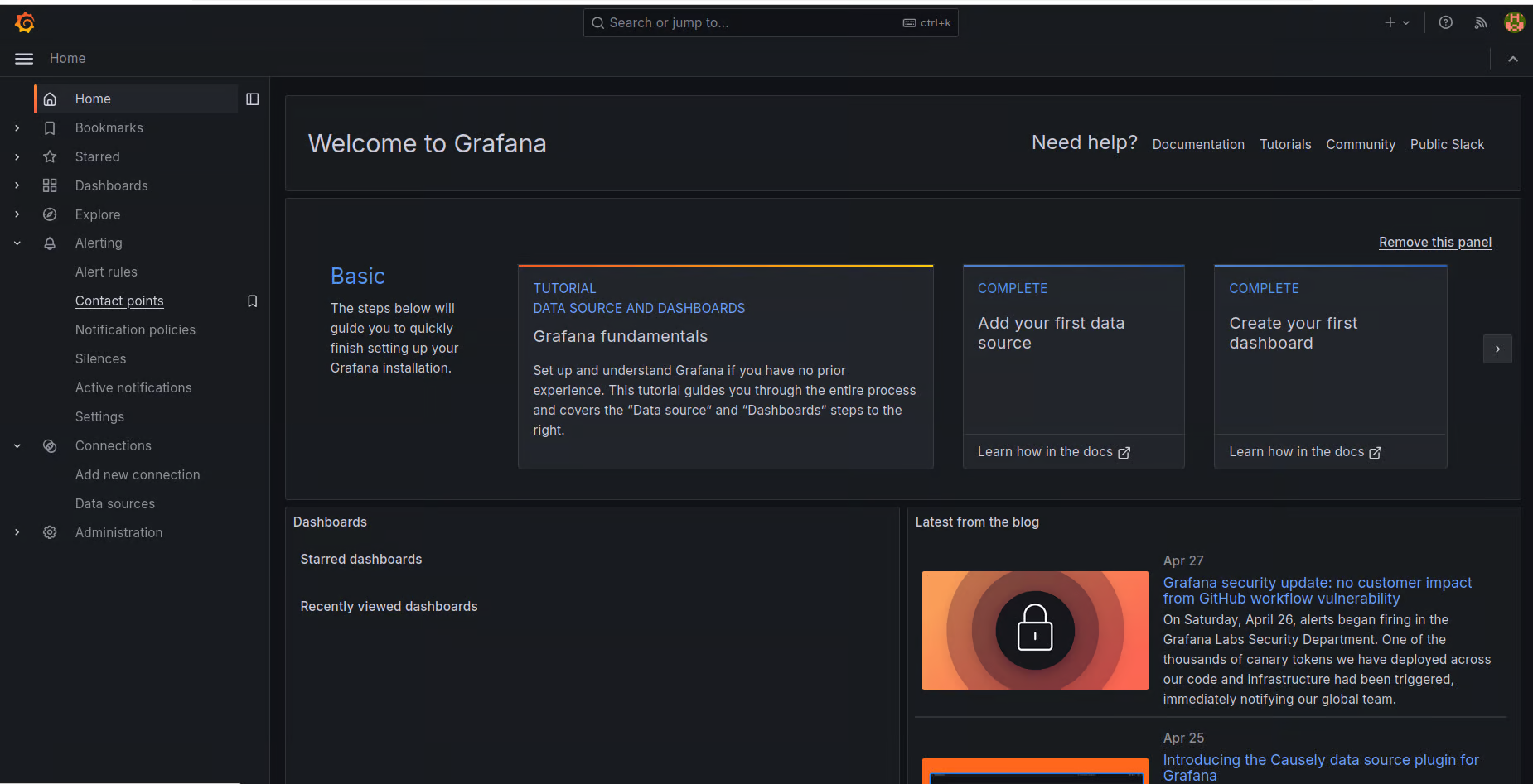 Grafana left-hand navigation menu showing Alerting dropdown with Contact Points option
