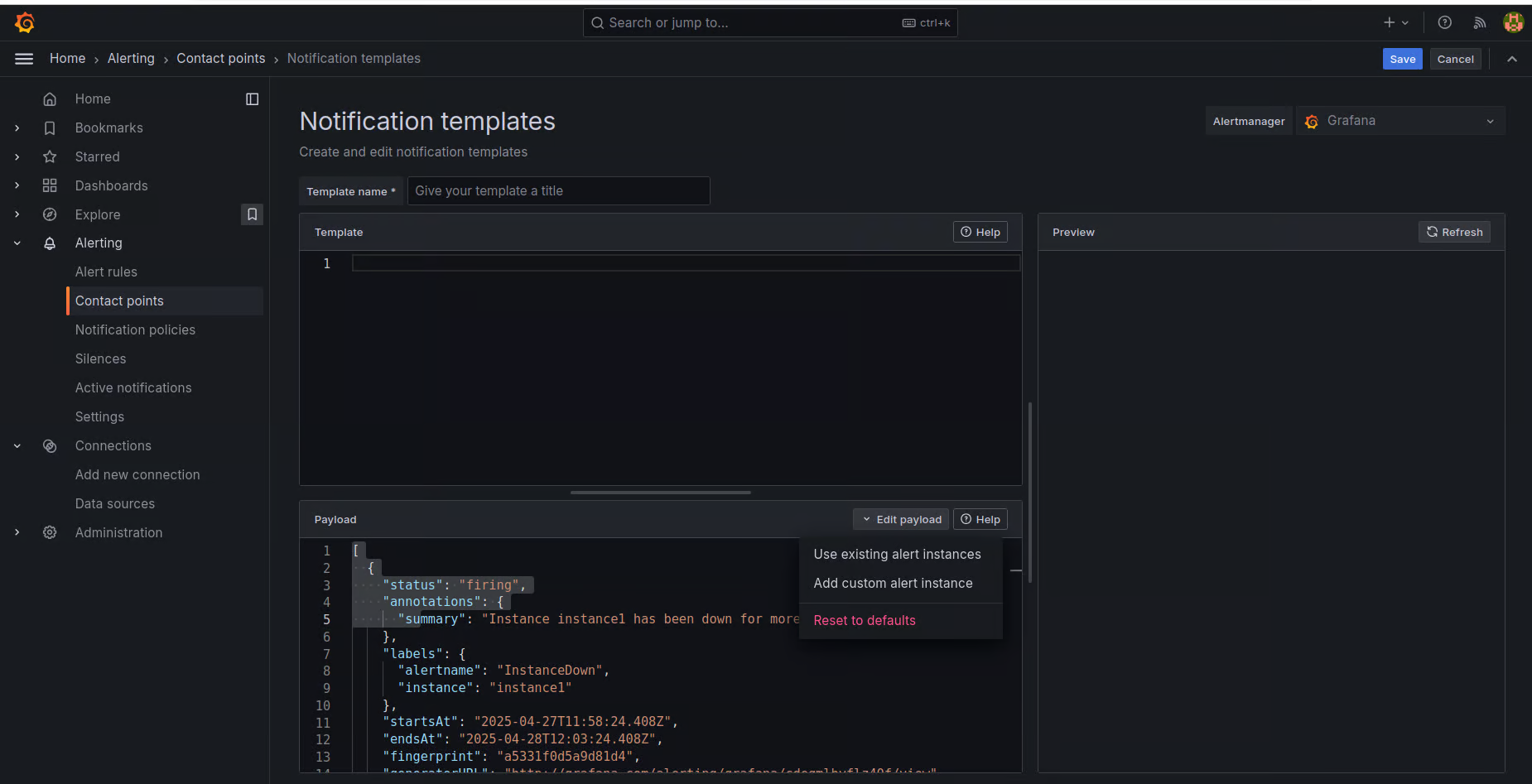 Template editor with Name field, Edit Payload section, and Preview button