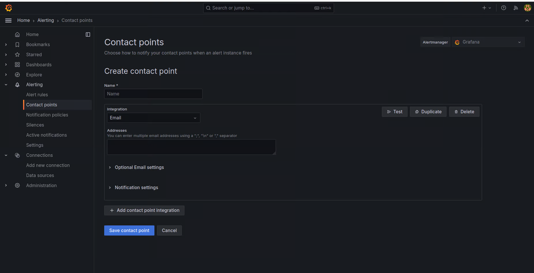 Contact point configuration form showing Optional settings with Edit Message and template selection