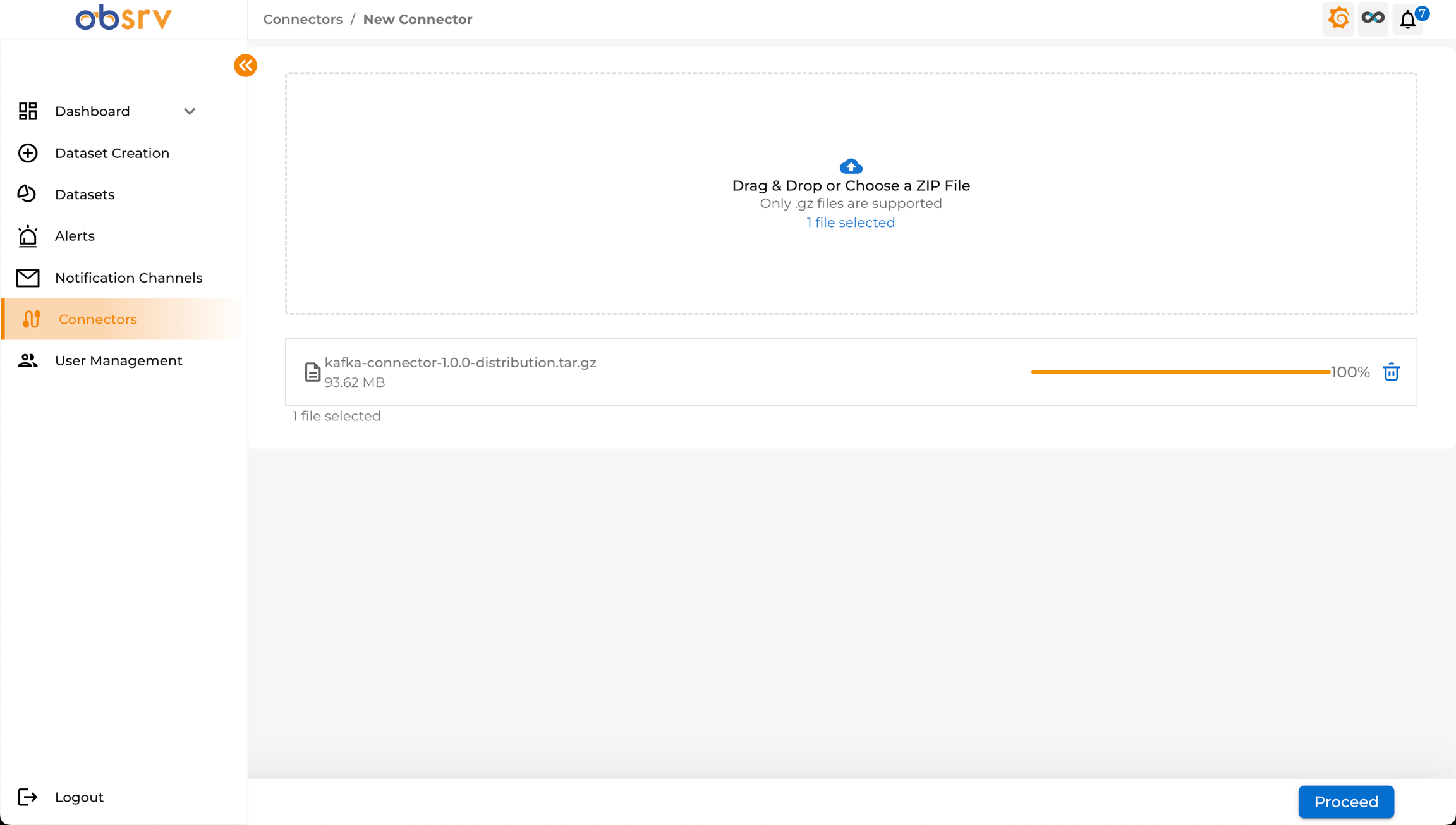 New Connector page showing Drag & Drop or Choose a ZIP File upload area