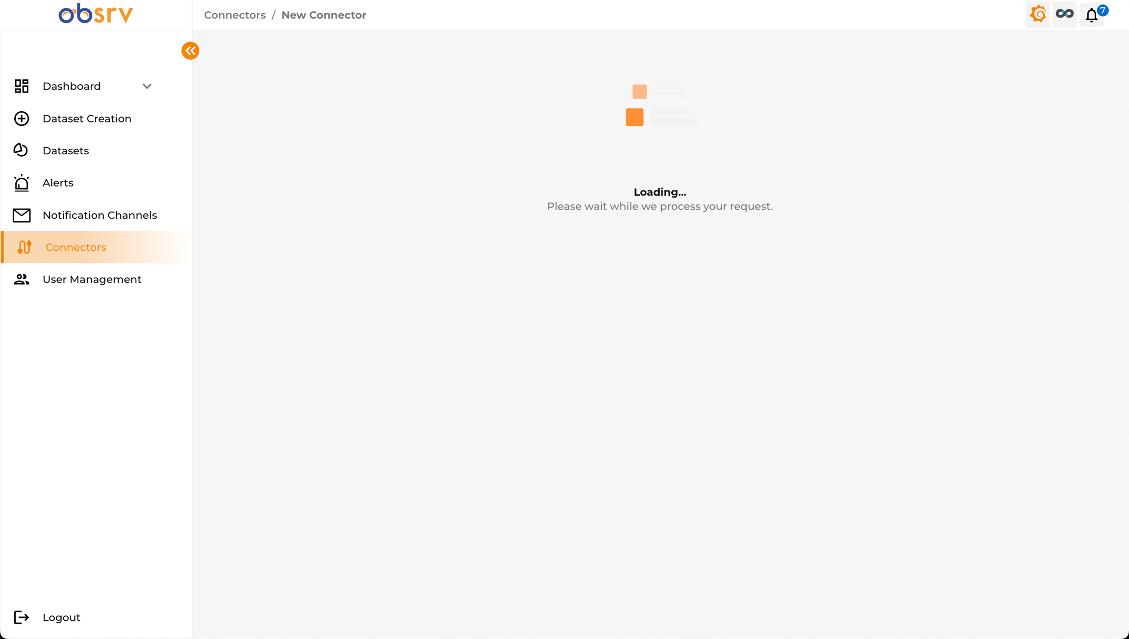 Loading screen showing "Please wait while we process your request"