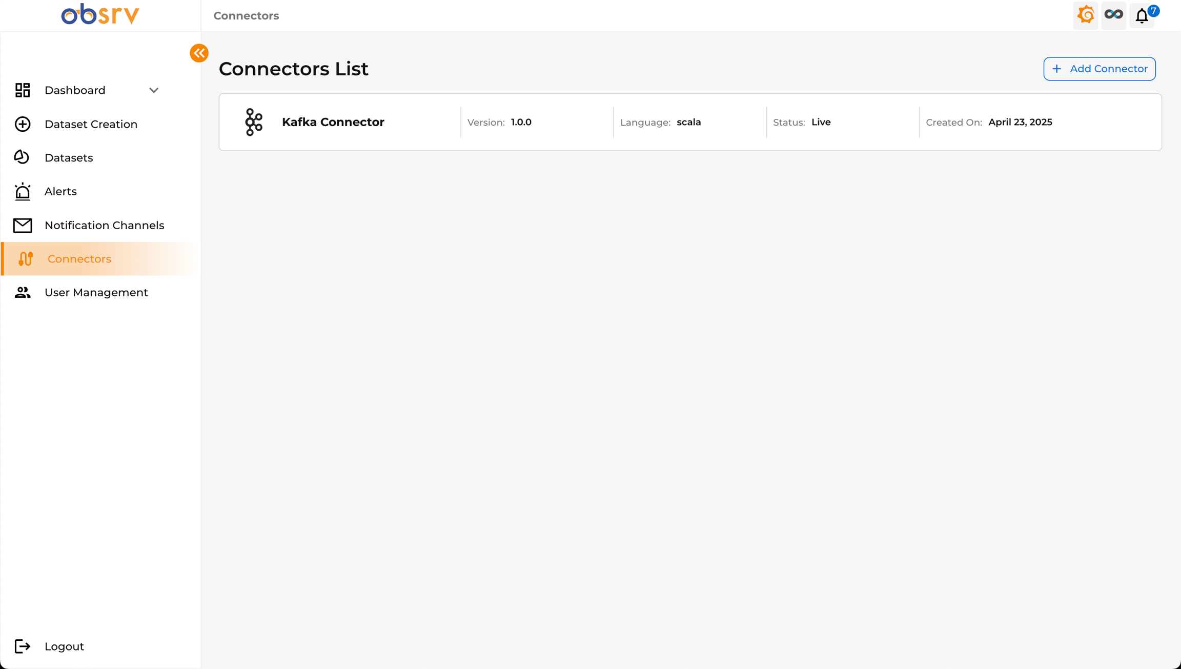 Connectors list showing the newly added connector with Live status