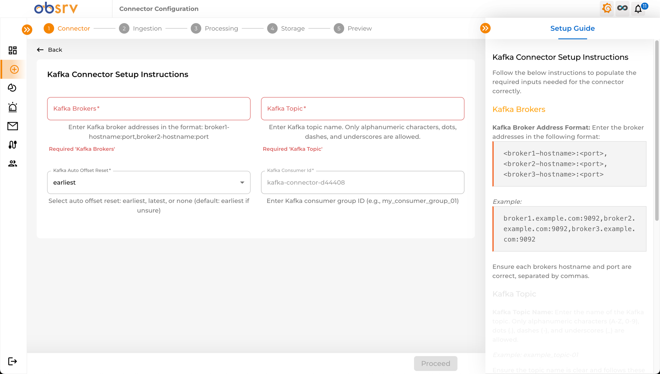 Kafka Connector configuration page showing fields to fill in