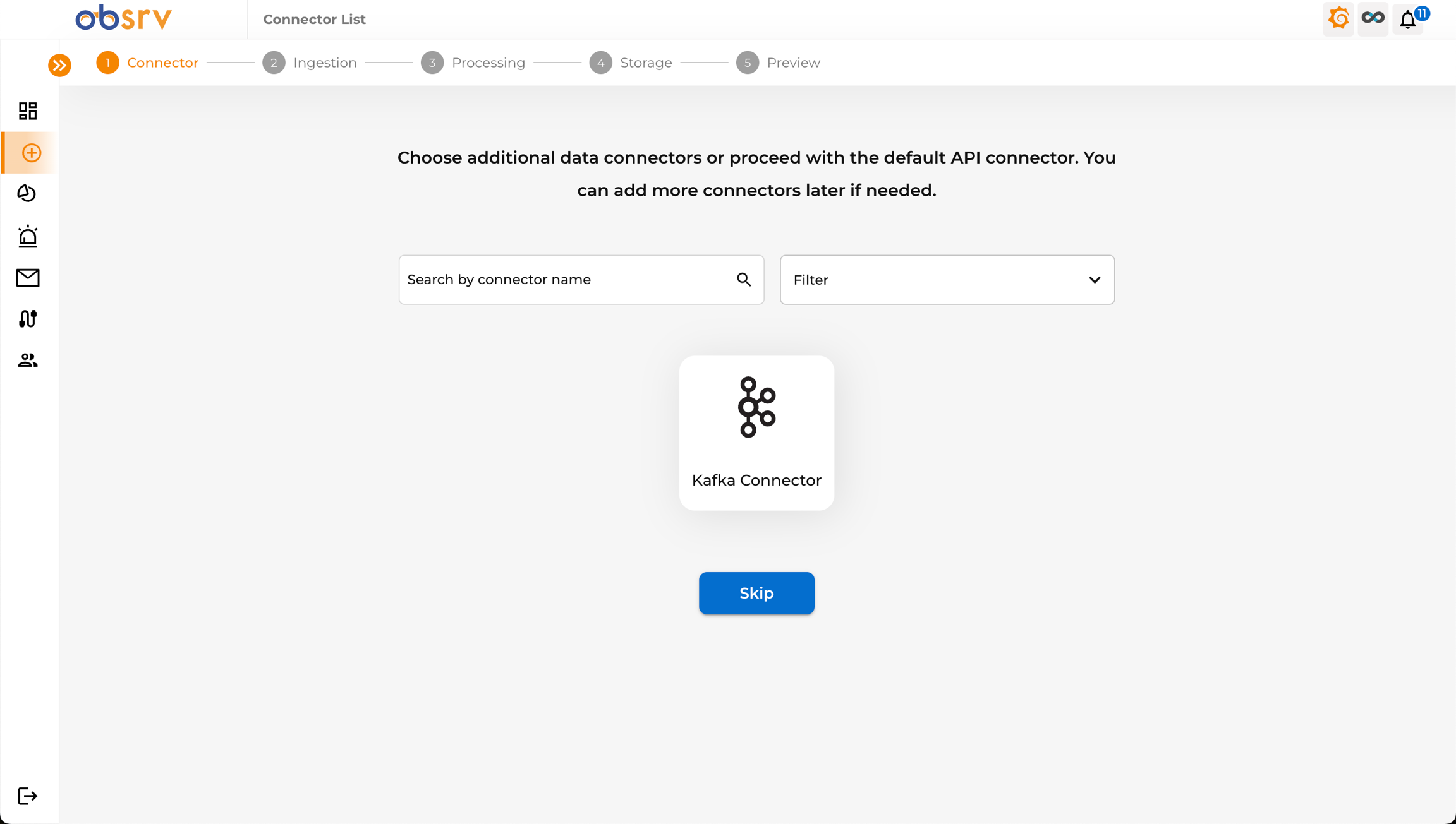 Connector selection step in the dataset wizard showing the registered connector