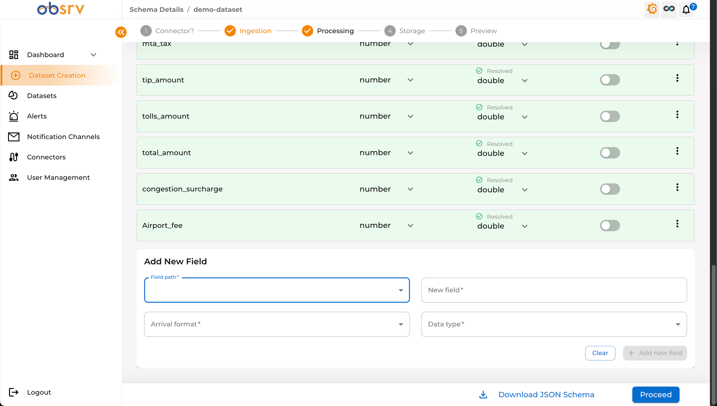 Schema Details page scrolled to the Add New Field section at the bottom