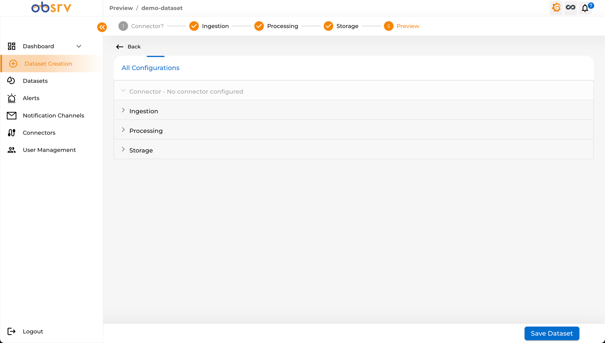 Preview step summarising all configuration sections: Connector, Ingestion, Processing, Storage