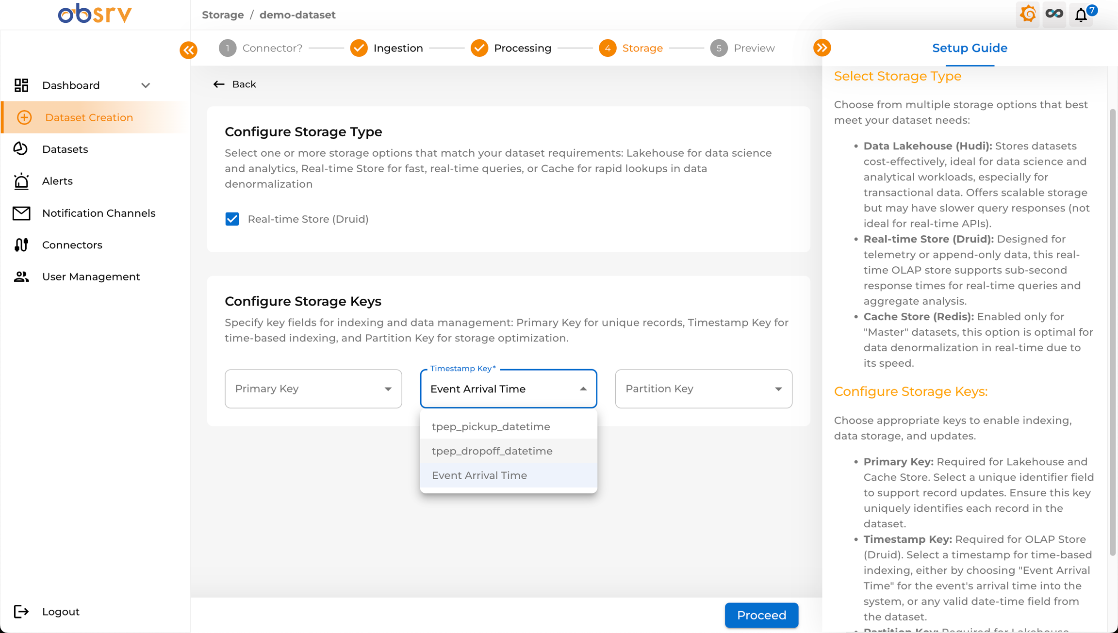 Storage step showing Configure Storage Type checkboxes and Configure Storage Keys dropdowns