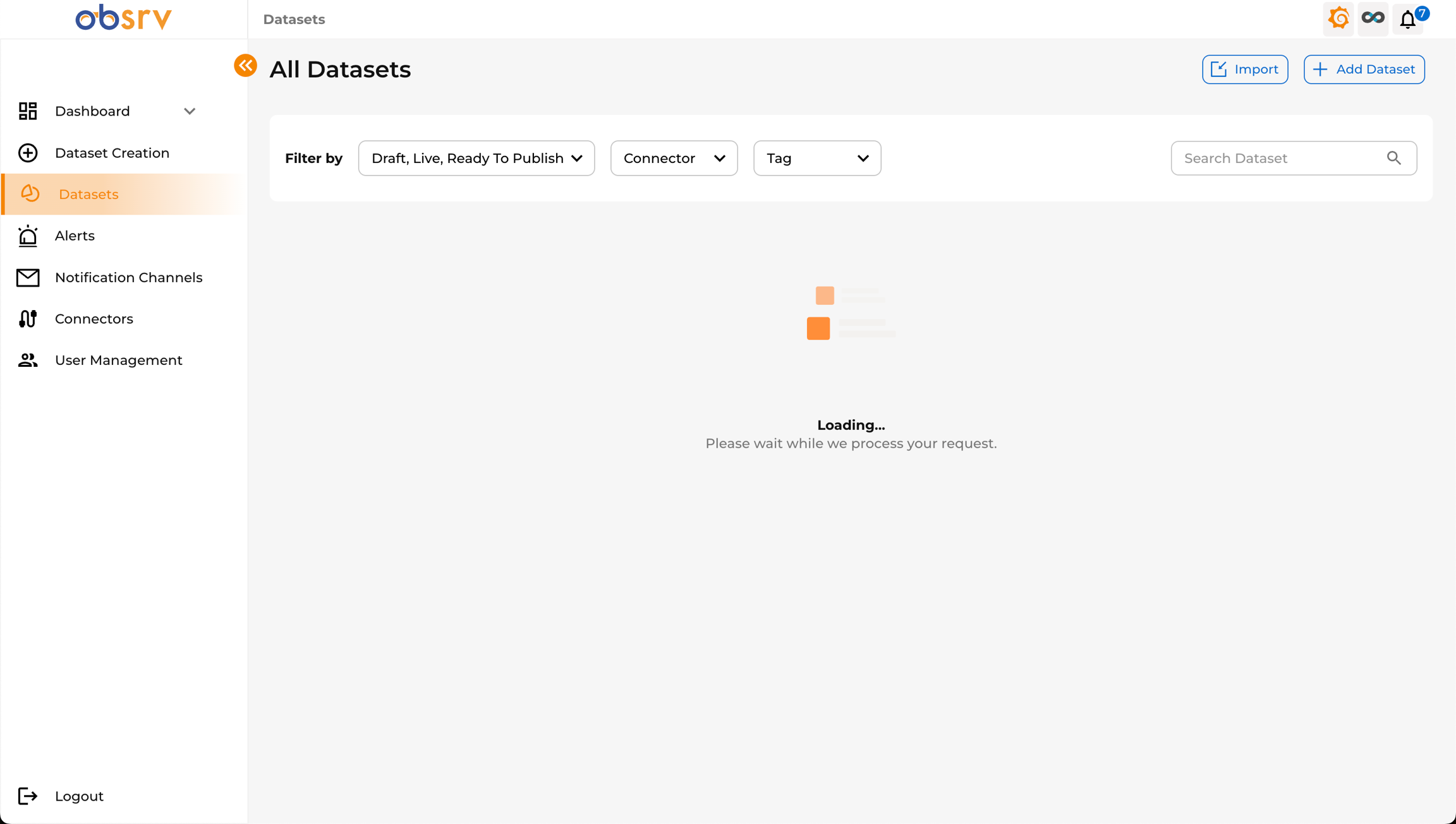 Dataset being published with a loading indicator