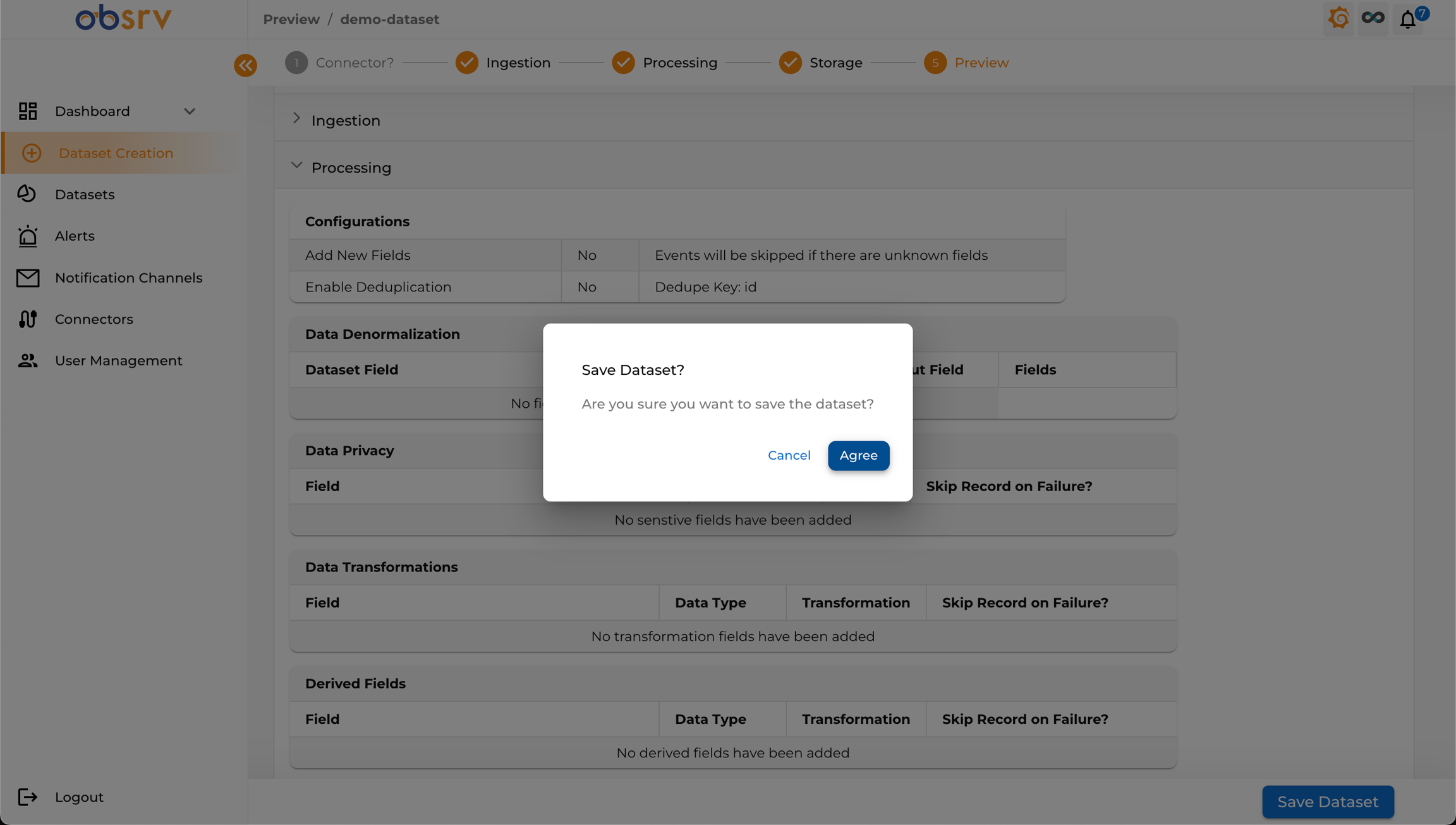 Save Dataset confirmation dialog asking "Are you sure you want to save the dataset?"