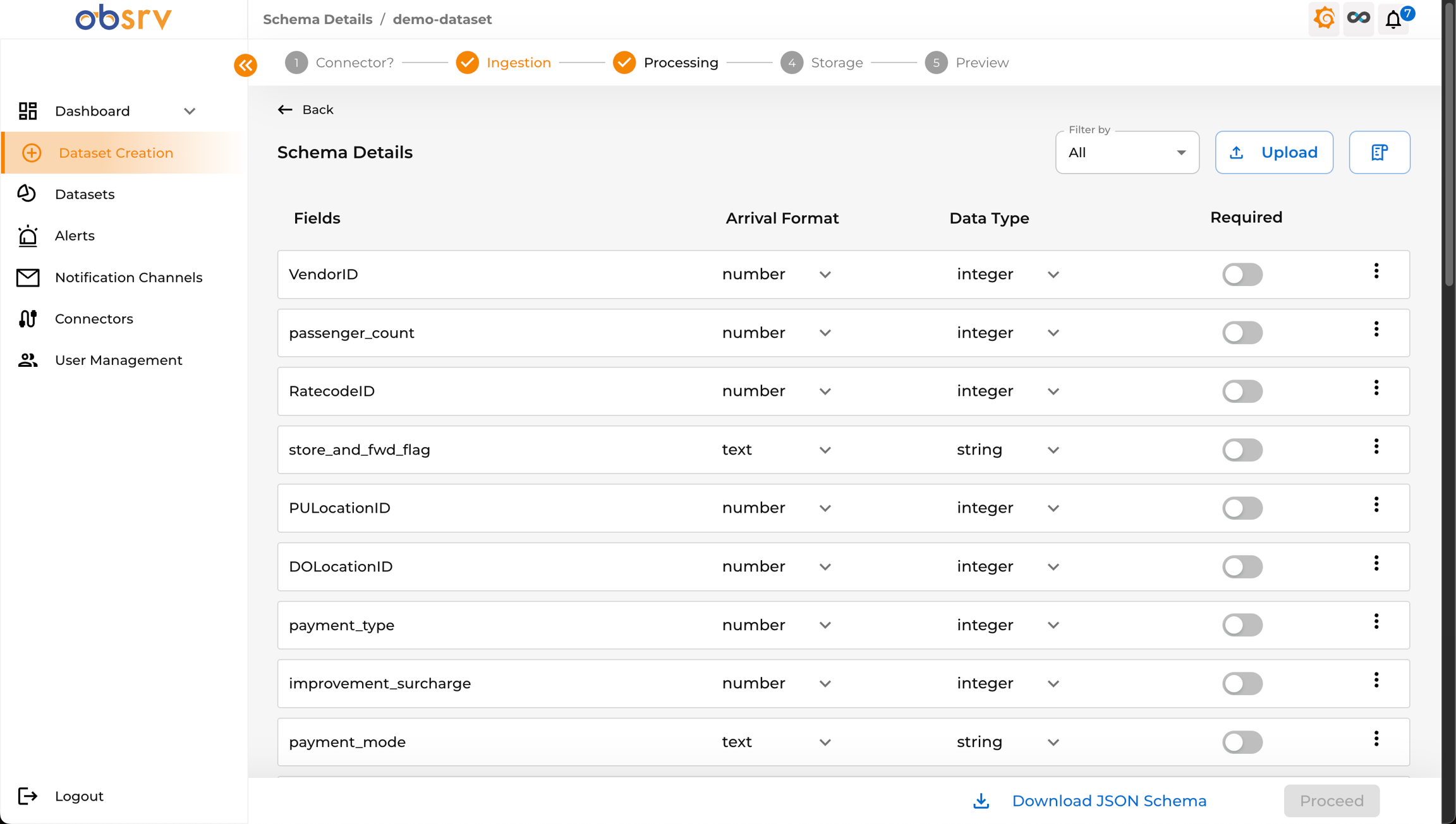 Schema Details page showing Fields, Arrival Format, Data Type, and Required columns