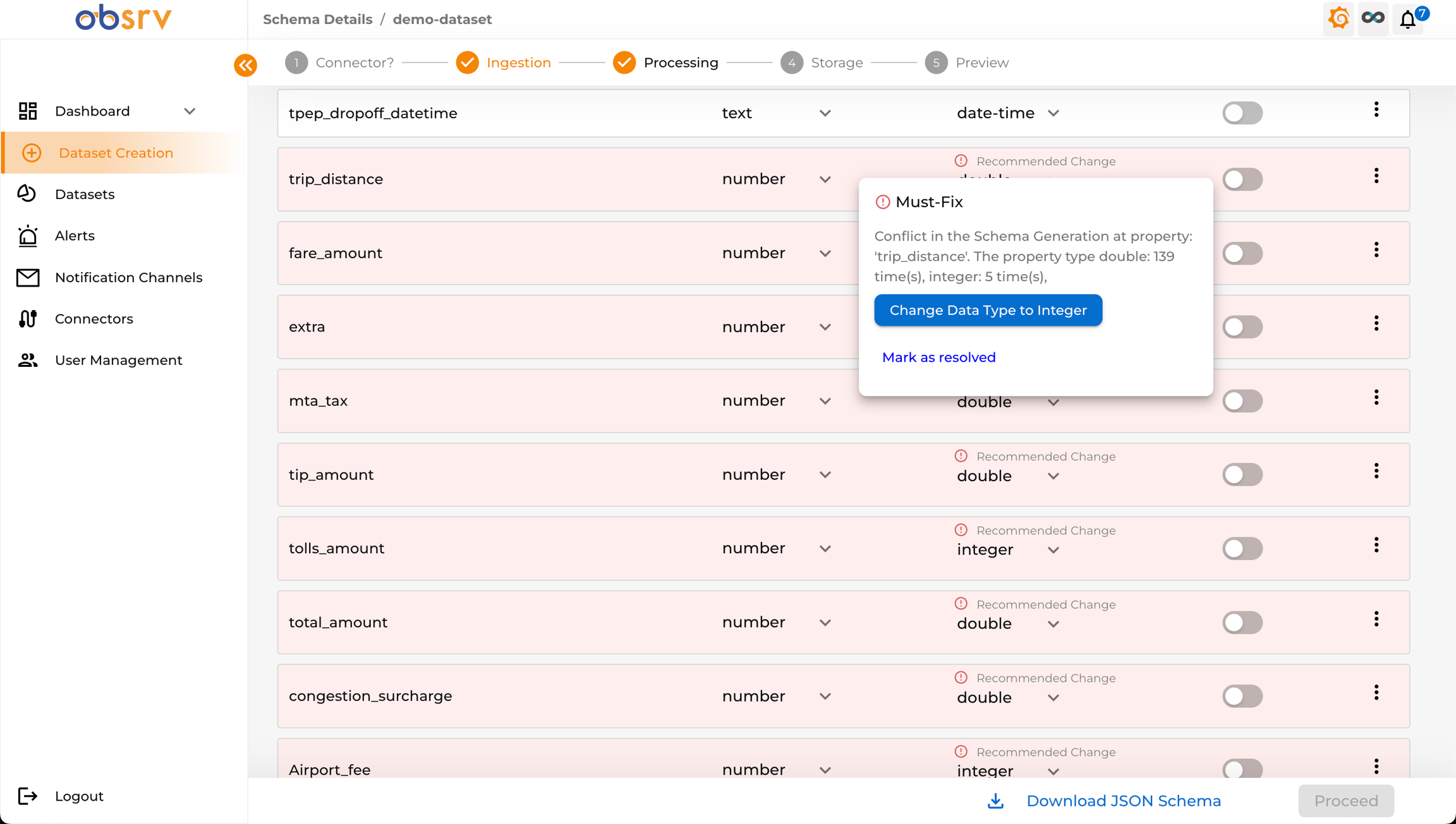 Schema Details showing a Must-Fix conflict on trip_distance with option to Change Data Type or Mark as resolved