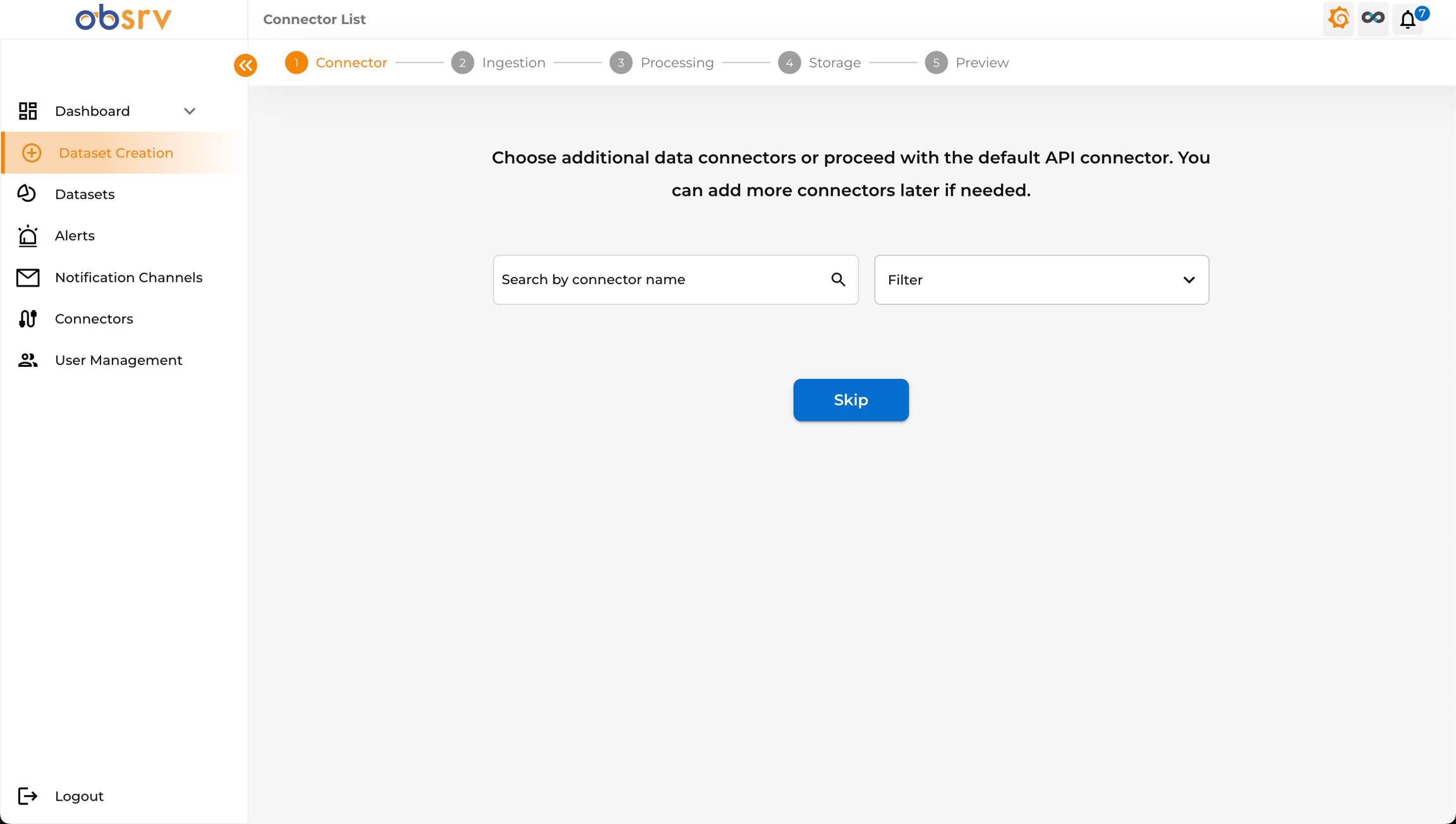 Connector List step showing search bar and Skip button