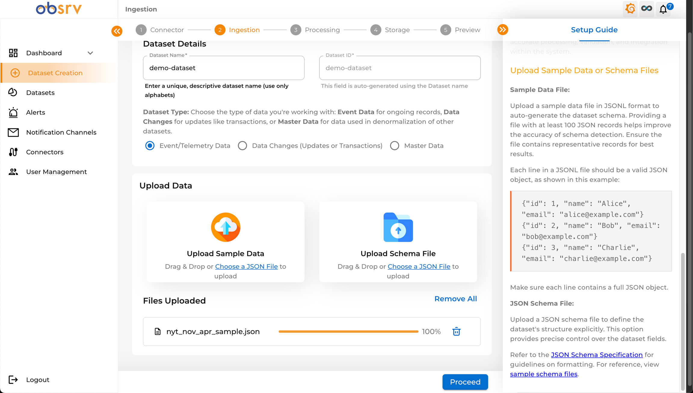 Ingestion step with a sample file uploaded and progress bar at 100%